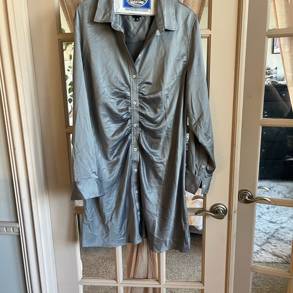 Elegant Gray Ruched Button-Down Dress